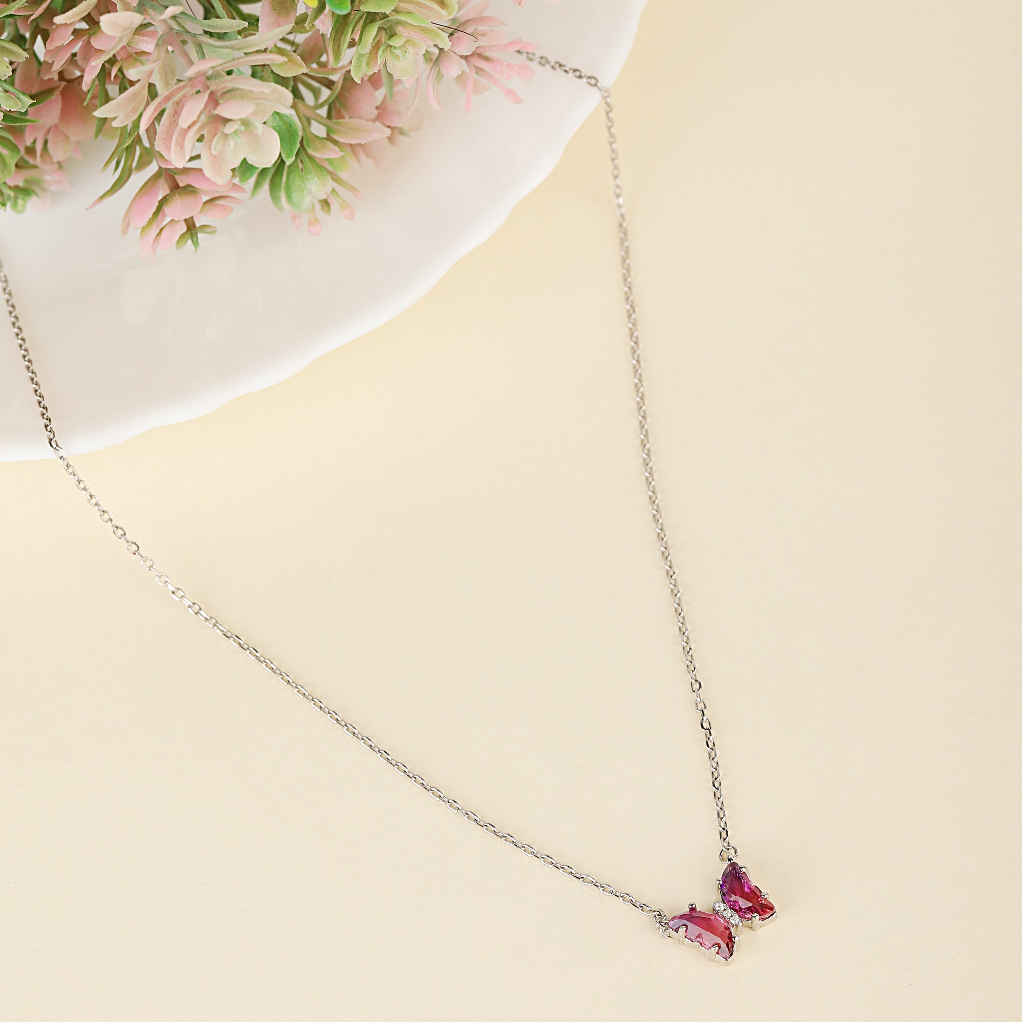 silver butterfly pink ruby chain