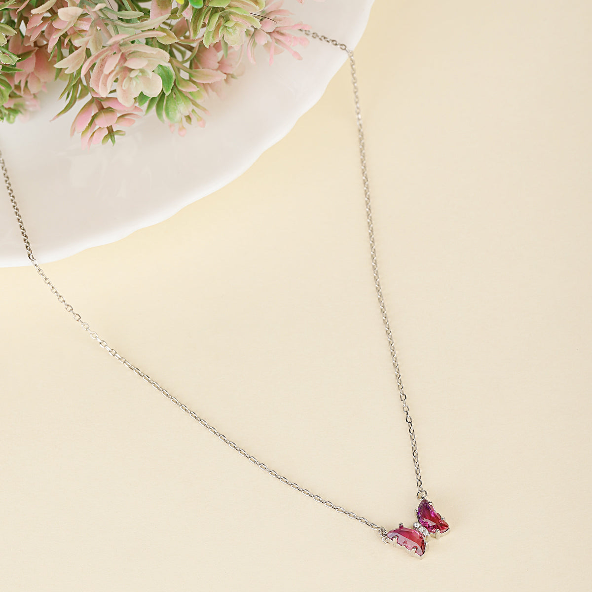 silver butterfly pink ruby chain