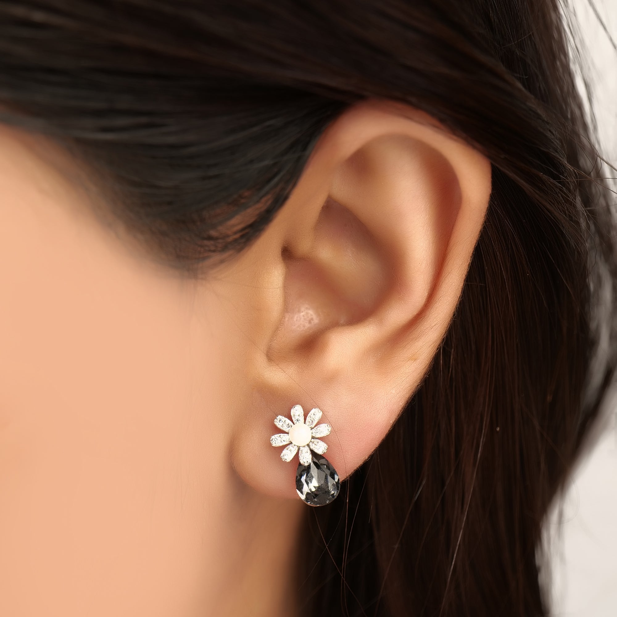 Flower with black diamond  silver earring