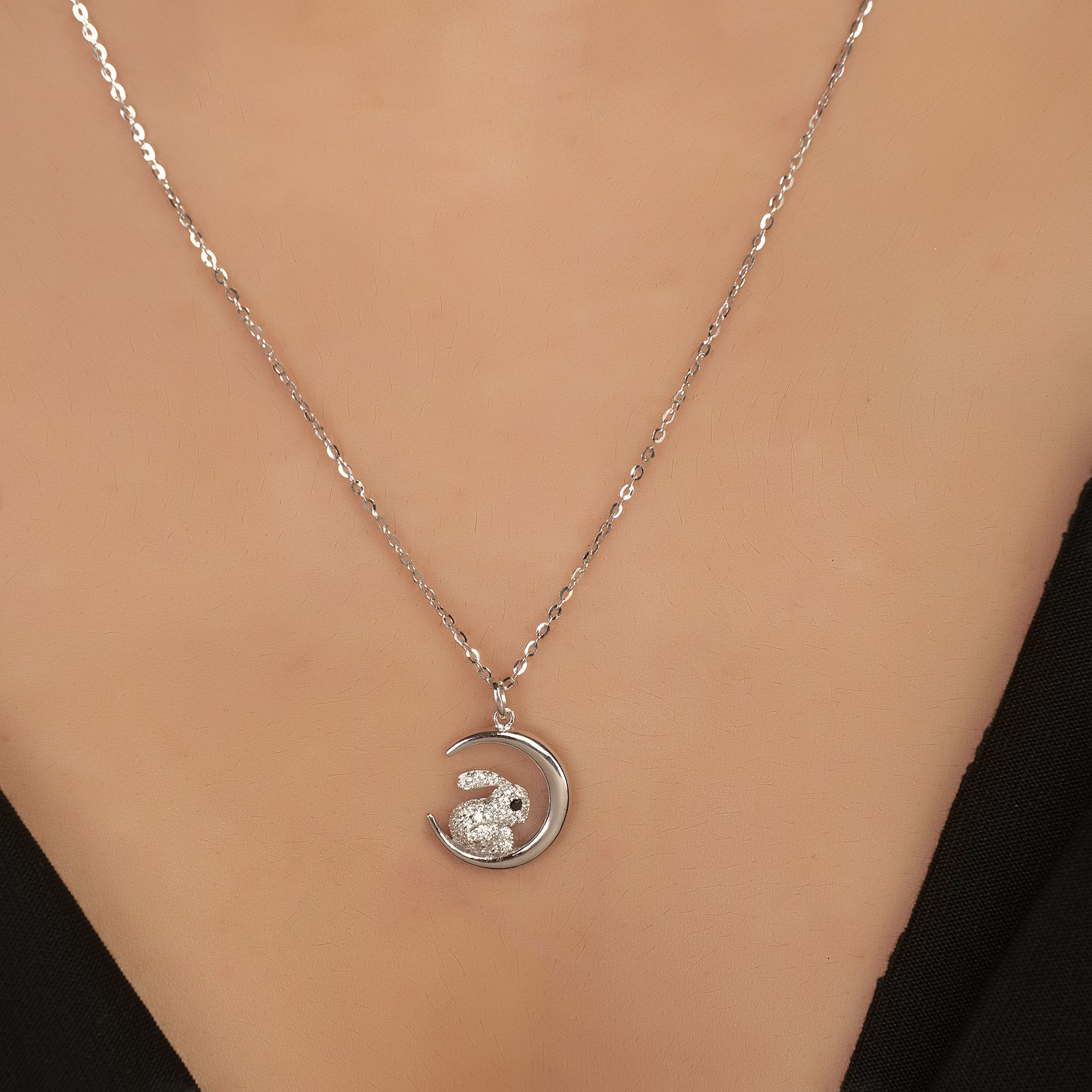 Silver half moon in rabbit Pendant with chain