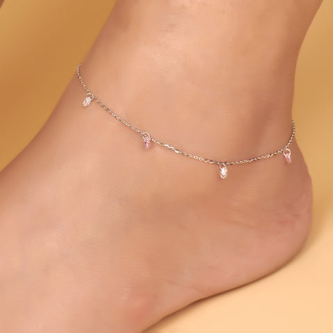 Silver Pink and white stone anklet