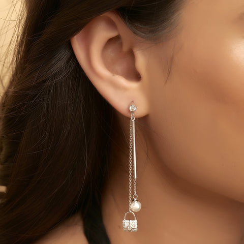 Silver lock style long chain earring